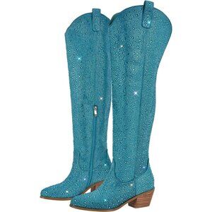 Women's Embroidered Rhinestone Western Cowboy Boot Sparkly Thigh High Royal Blue
